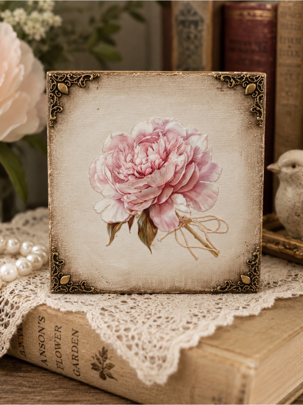 Vintage Pink Peony Canvas Accent Art - Floral Wall Décor